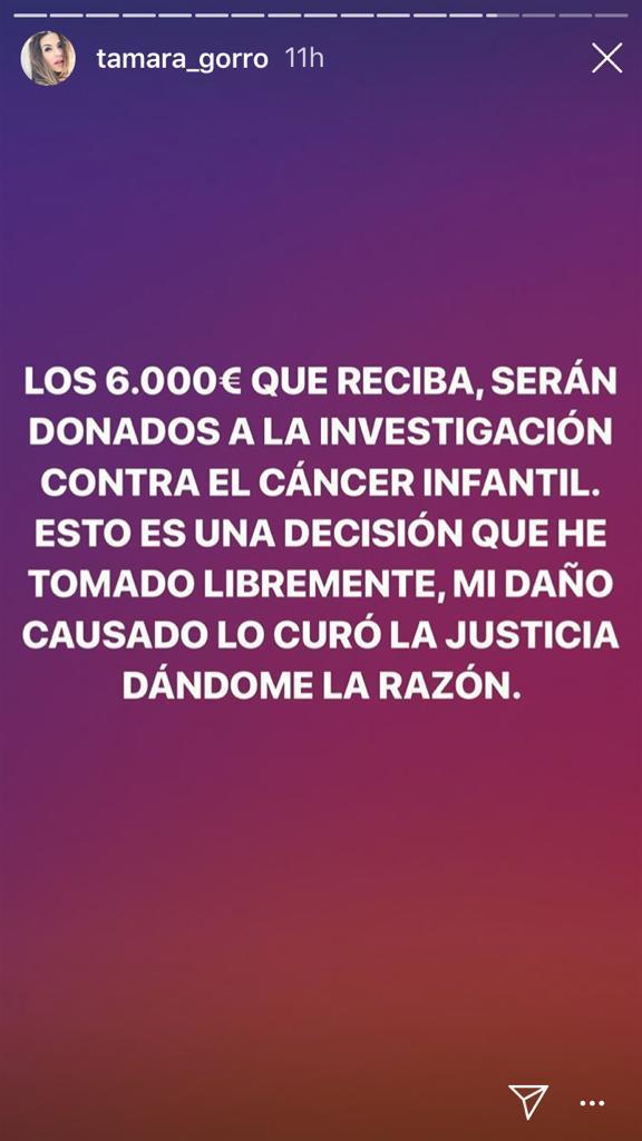 Mensaje de Tamara Gorro en Instagram tras ganar el juicio a Pipi Estrada.