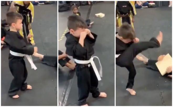 Diferentes momentos del pequeño karateca intentando romper la tabla (Fotos: @rubaqaaty3).