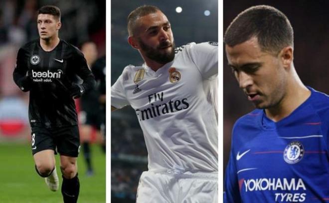 Luka Jovic, Karim Benzema y Eden Hazard.