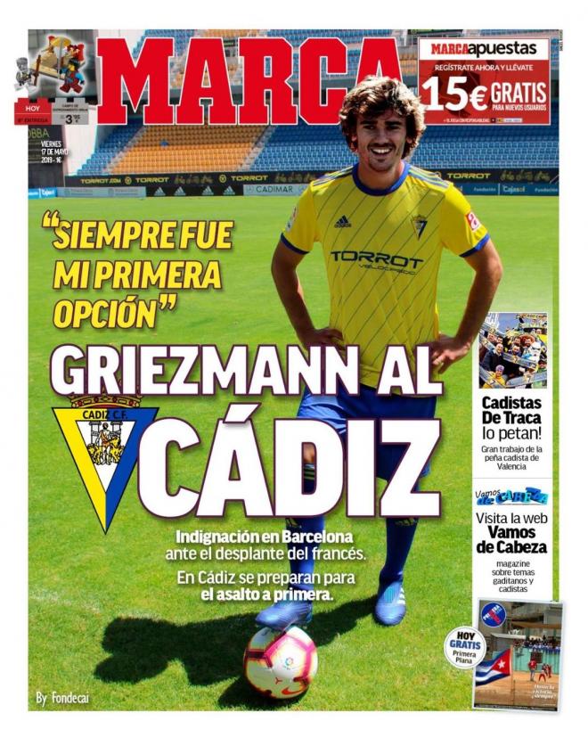 La portada que se ha hecho viral en la que se anuncia que Griezmann ficha por el Cádiz.