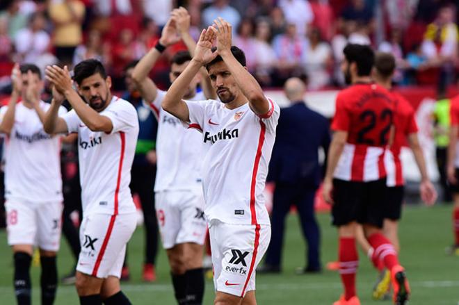 El Sevilla celebra su clasificación para Europa en la 2018/19 (Foto: Kiko Hurtado).