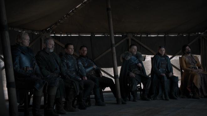 Brienne, Davos, Gendry, Lord Une, un lord norteño, Yara Greyjoy y el príncipe de Dorne.