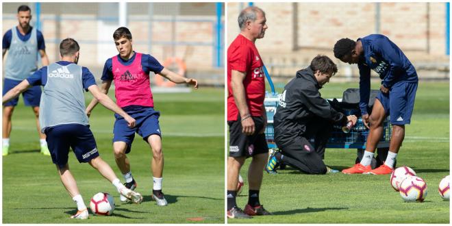 Soro e Igbekeme, en dos momentos del entrenamiento del Zaragoza.