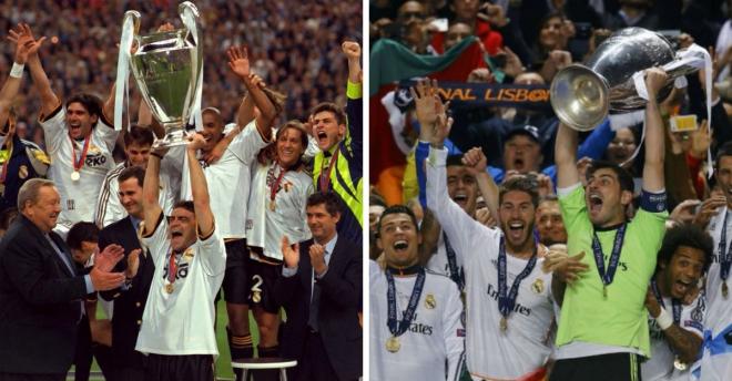 El Real Madrid celebra las Champions de 2000 y 2014.
