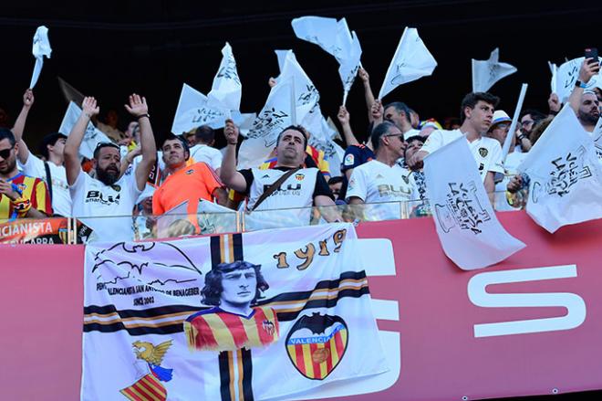 Aficionados del Valencia animan a su equipo en la final de la Copa del Rey frente al FC Barcelona que se jugó en el Benito Villamarín (Foto: Kiko Hurtado).