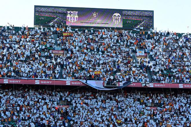 Aficionados del Valencia animan a su equipo en la final de la Copa del Rey frente al FC Barcelona que se jugó en el Benito Villamarín (Foto: Kiko Hurtado).