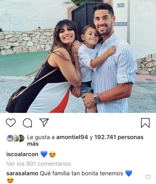 La publicación de Isco Alarcón en su Instagram junto a su hijo y su pareja, la actriz Sara Sálamo.