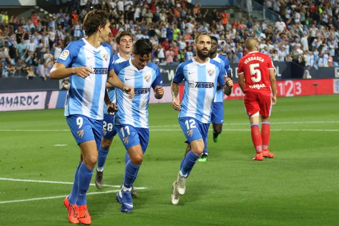 Blanco, Renato, Cifu y Mula celebran el gol del argentino al Zaragoza (Foto: Paco Rodríguez).