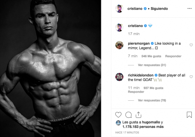 Cristiano Ronaldo muestra sus abdominales en Instagram y la foto supera el millón de 'likes' en 17 minutos.