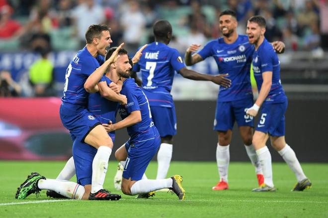 El Chelsea celebra el gol de Giroud en la final de la Europa League.