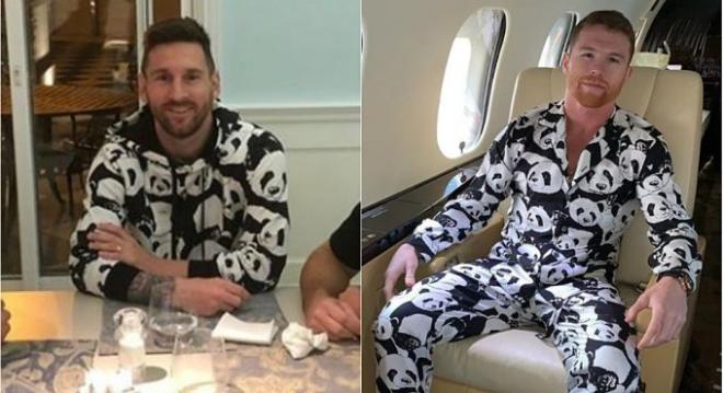 Leo Messi y el boxeador Canelo, con sus ropas de osos pandas (Fotos: Instagram).
