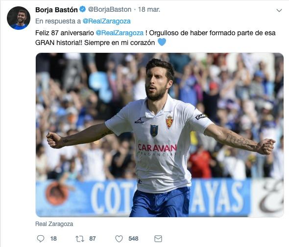 Borja Baston felicita el 87 aniversario del Real Zaragoza. (Fuente: Twitter).