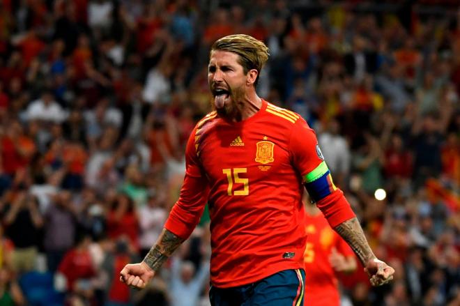 Ramos, celebrando un gol con la selección española (Foto: UEFA).