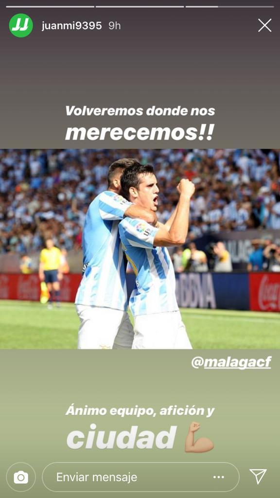 Juanmi envía ánimos al Málaga en su Instagram.