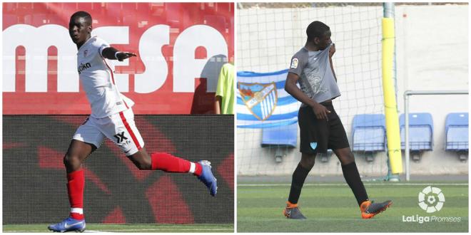 Ibrahima Sow, a la izquierda celebra un gol con el Sevilla y a la derecha, con el Málaga.