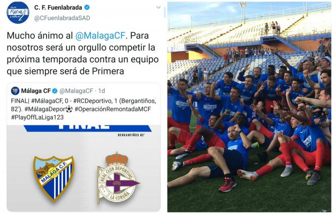 Tuit del Fuenlabrada junto a la imagen de sus jugadores celebrando el ascenso.