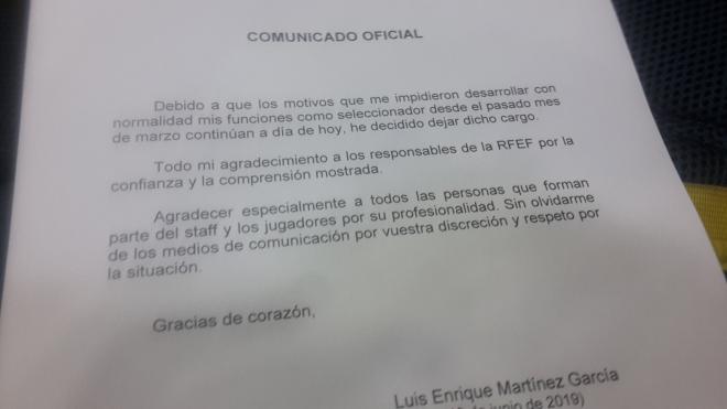 Comunicado de Luis Enrique para dejar de ser seleccionador español.
