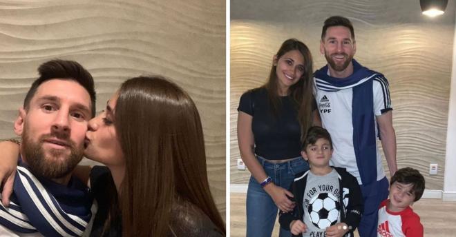 Leo Messi, junto a Antonela Roccuzzo y sus hijos Thiago y Mateo.
