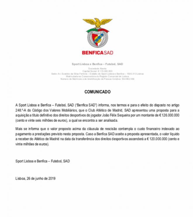 Comunicado del Benfica.
