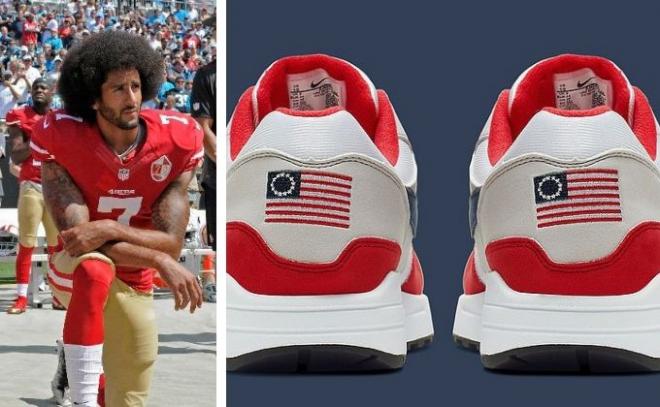 Colin Kaepernick y las Nike Air Max 1 criticadas por llevar una bandera de Estados Unidos de la época esclavista.