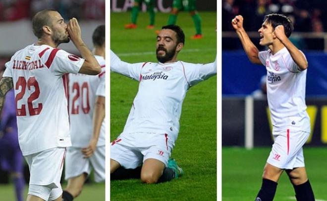 Aleix Vidal, Iago Aspas y Denis Suárez, campeones de la Europa League 2015 con el Sevilla.