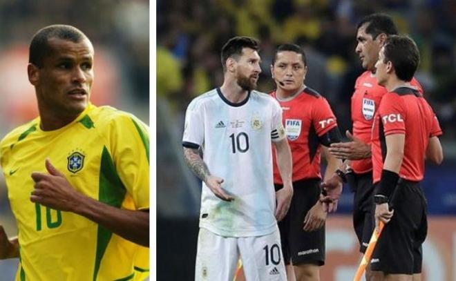Rivaldo, durante un partido con Brasil y Leo Messi protestando a los árbitros en la Copa América.