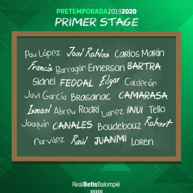 Los 28 futbolistas del Betis que están en el primer stage (Foto: RBB).