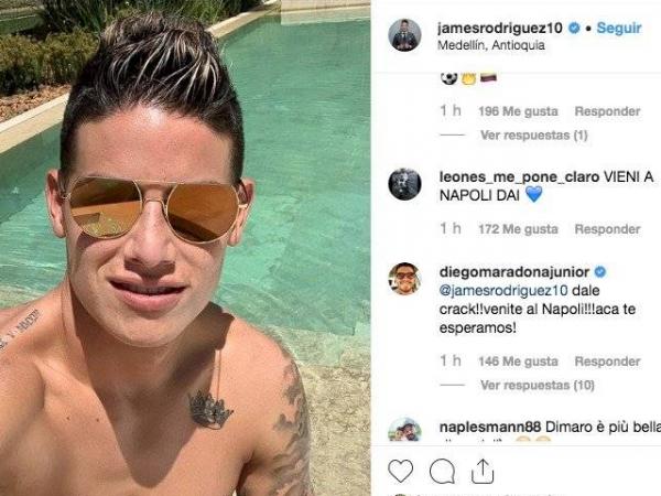 El comentario de Diego Armando Maradona Jr. a James Rodríguez en Instagram.