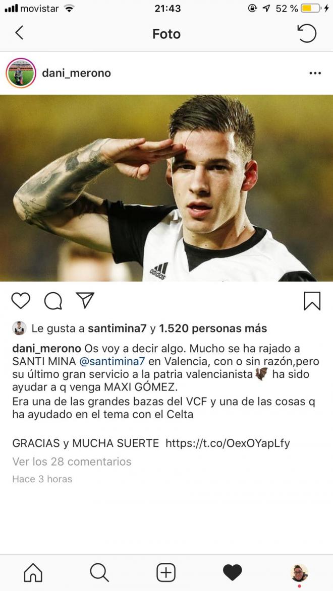 La reacción de Santi Mina en Instagram.