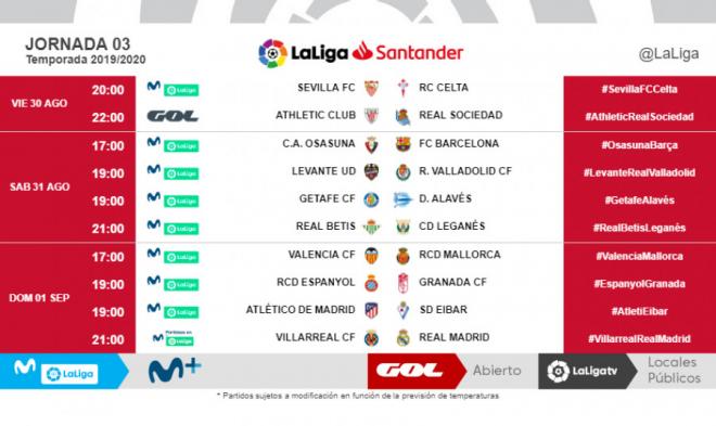 Horarios de la tercera jornada de LaLiga Santander.