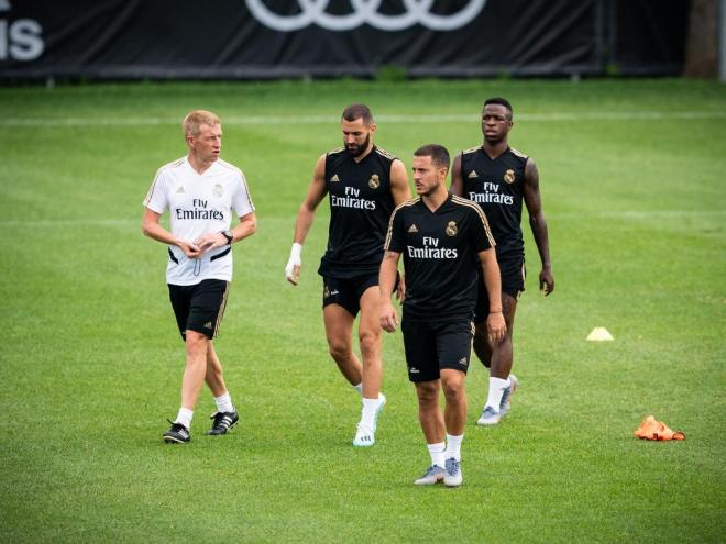Benzema, Vinícius y Hazard, en un entrenamiento del Real Madrid en pretemporada.