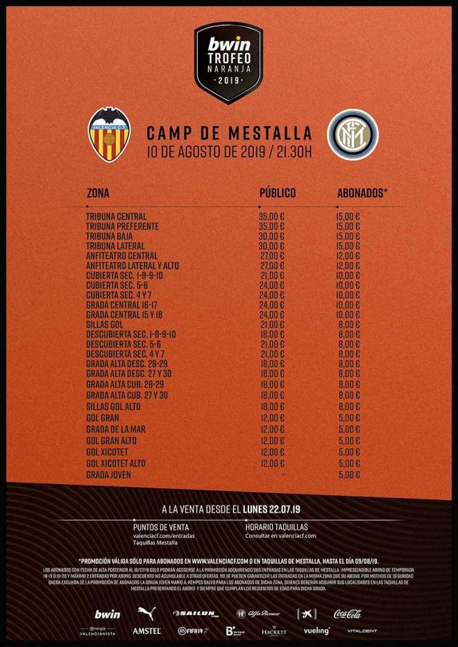 Entradas para el Trofeo Naranja 2019 ante el Inter