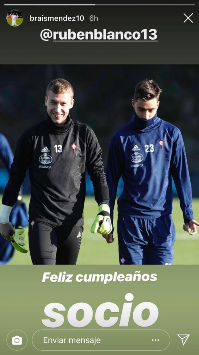 Felicitación de Brais Méndez a Rubén Blanco por su cumpleaños (Foto: @braismendez10).