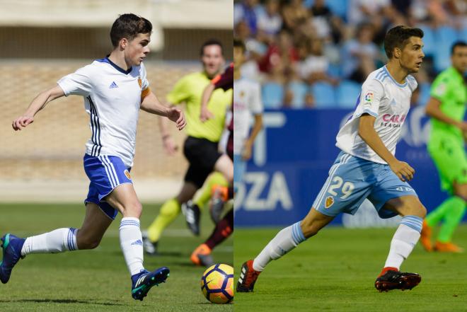 A la izquierda, Alberto Soro durante un partido con el Juvenil; a la derecha, en uno del curso pasado con el primer equipo del Real Zaragoza.