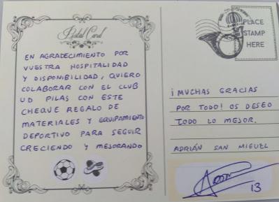 Imagen de la carta de Adrián San Miguel (foto: UD Pilas).