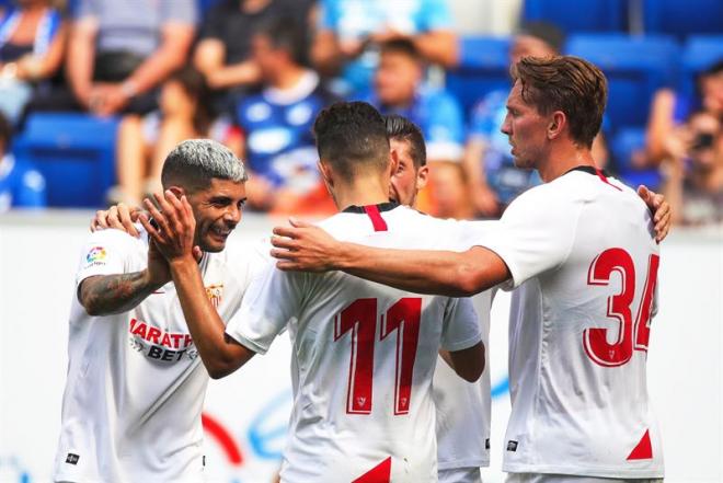 El Sevilla celebra uno de sus goles al Hoffenheim.