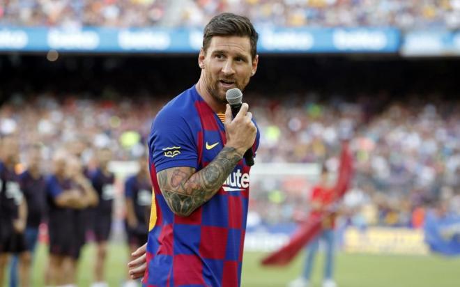 Messi, durante la presentación en el Camp Nou (Foto: FCB).