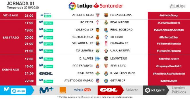 Tabla de horarios de la Jornada 1 de LaLiga Santander 2019/2020 (Foto: LaLiga).