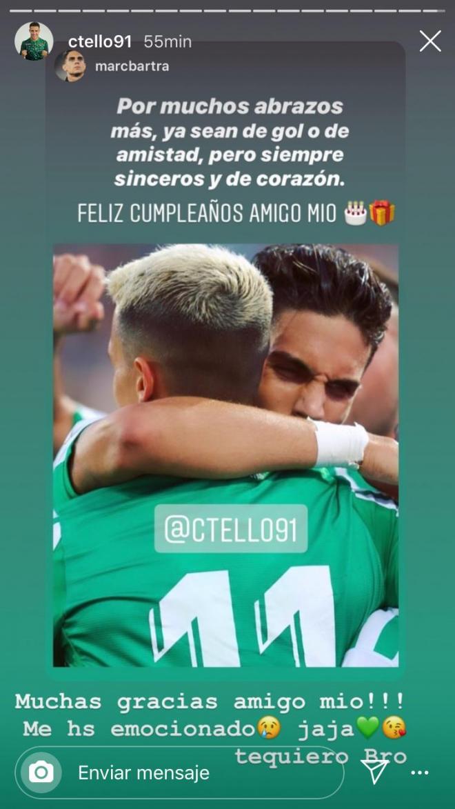 La felicitación de Marc Bartra a Cristian Tello por su 29 cumpleaños y la respuesta de este último (Foto: Instagram @ctello91).