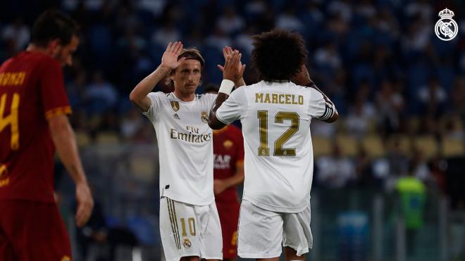 Modric y Marcelo, celebrando un tanto (Foto: Real Madrid).