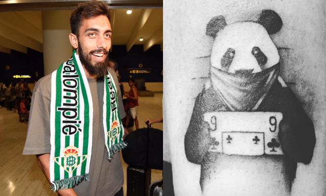 A la izquierda, Borja Iglesias a su llegada a Sevilla; a la derecha, su tatuaje de un panda.