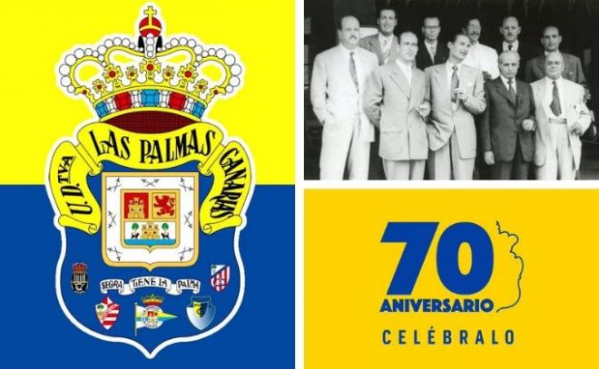 Escudo de Las Palmas, sus fundadores y el logo del aniversario.