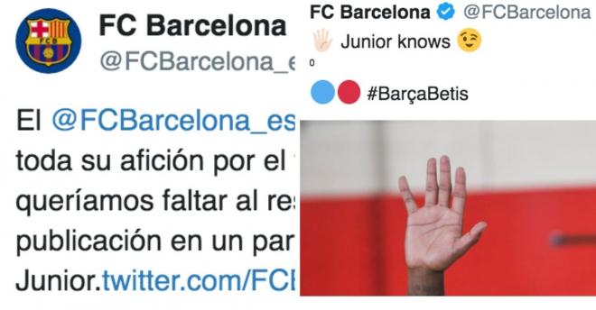 El Barcelona pide disculpas al Betis por el tuit de Junior en las redes sociales.