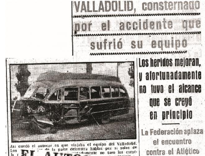 Noticia del accidente que sufrió la plantilla del Real Valladolid el 29 de agosto de 1949 tras ser arrollado el autobús por un tren.