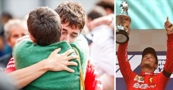 Charles Leclerc se abraza a la madre del fallecido Anthoine Hubert.