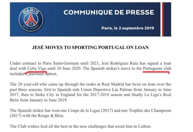 Comunicado erróneo del Paris Saint-Germain sobre la cesión de Jesé Rodríguez.