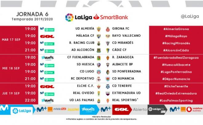 Horarios de la jornada 7 de LaLiga SmartBank.