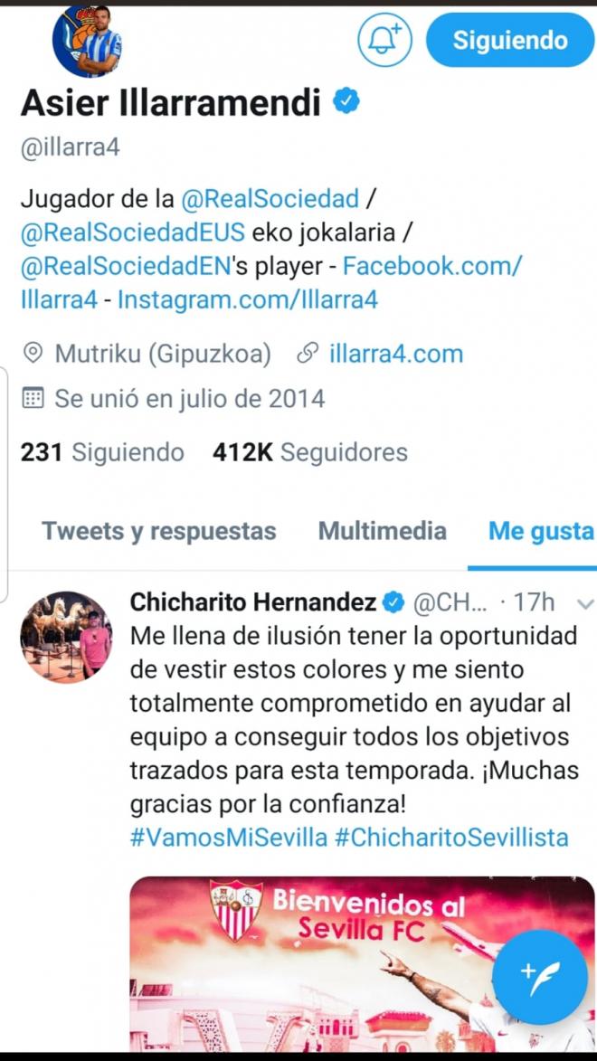 Illarramendi dio 'Me Gusta' al tuit de Chicharito.