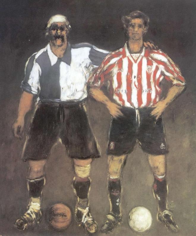 El pintor Iñaki García Ergüin creó, en 1998, este cuadro, el del Centenario, en el que podemos ver los dos uniformes que ha lucido el Athletic a lo largo de su historia (Foto: athletic.blogspot.com).