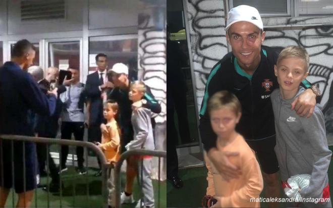 Cristiano Ronaldo se hace una foto con el hijo de Nemanja Matic y su amigo.
